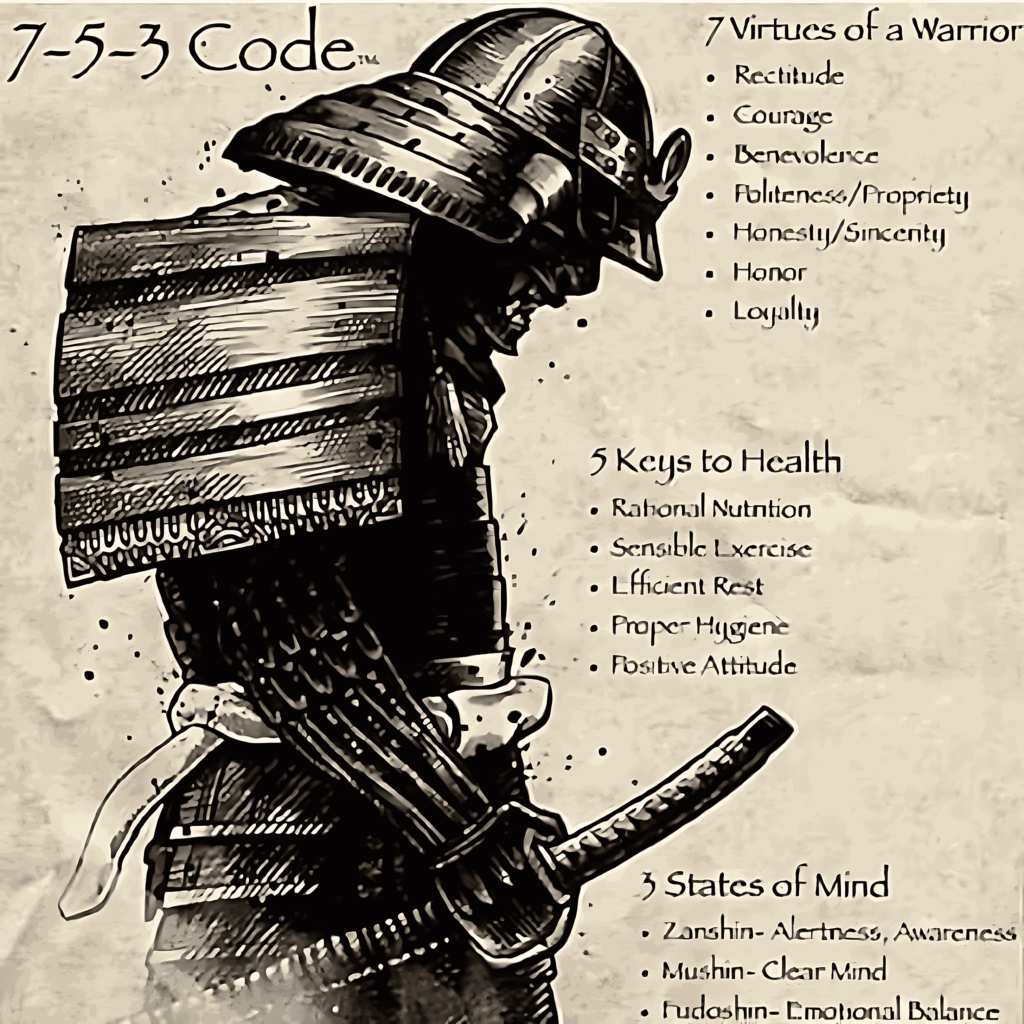 Les 7 virtuts del codi sumari 7-5-3:
rectitud, coratge, benevolència, cortesia, honestedat, honor i lleialtat