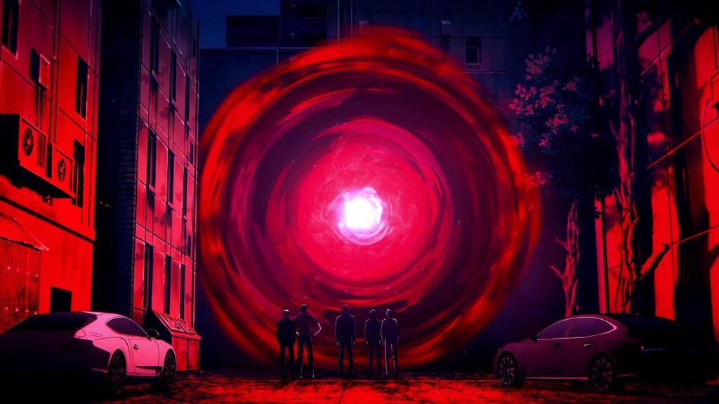 Personatges de Solo Leveling davant un portal vermell enmig la ciutat